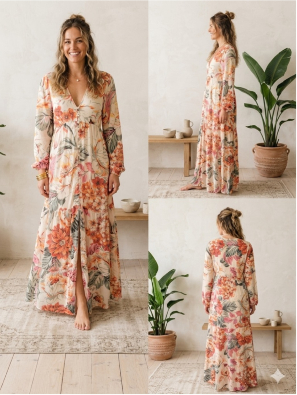 Maaji Luna Floral Maxi Dress Size S Button Front Long Sleeve EcoVero Viscose
